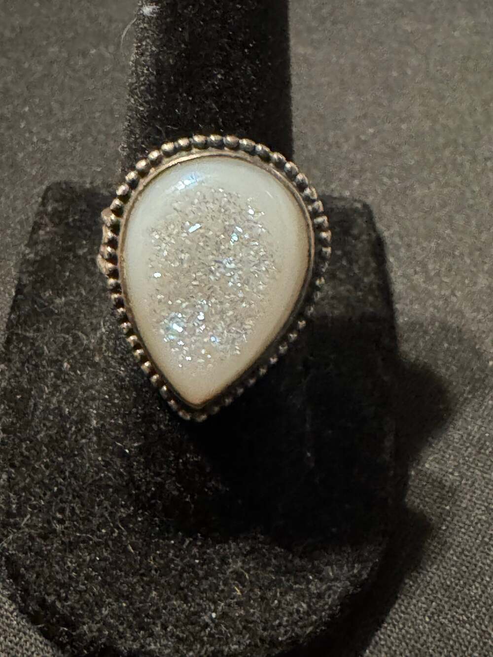 Vintage ASC 925 White Druzy Quartz Ornate Bezel Setting Size 6.5